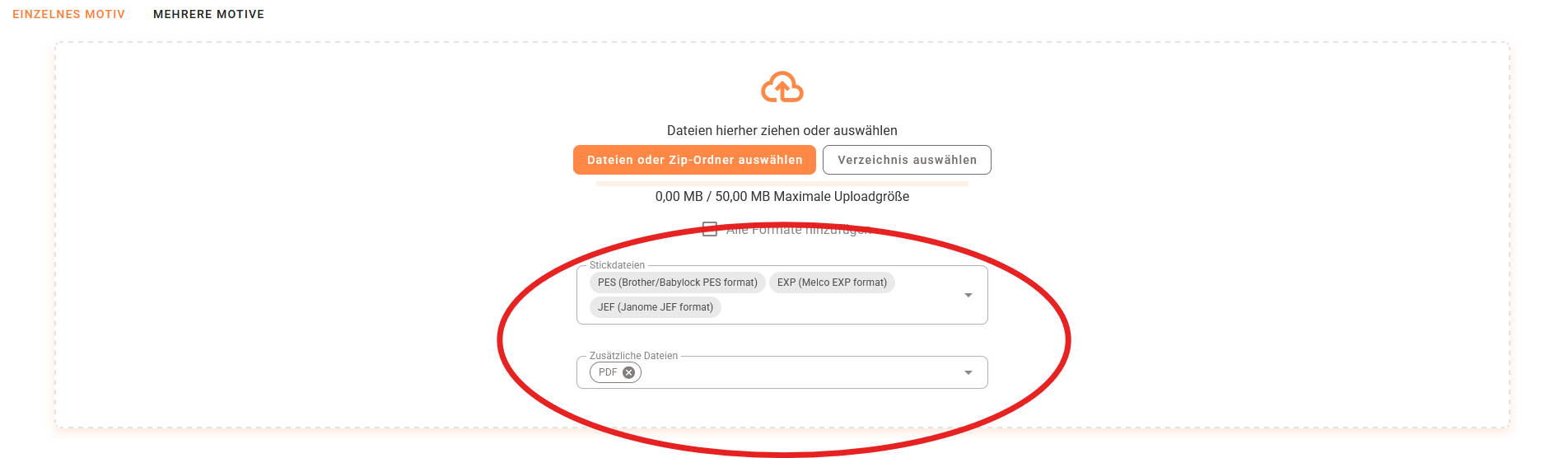 emborado upload interface showing embroidery file formats and additional files such as PDF instructions