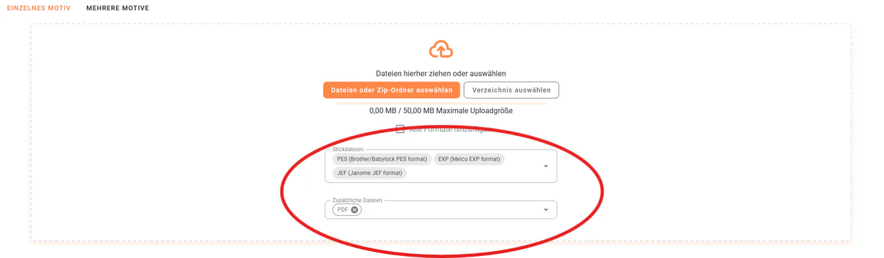 emborado upload interface showing embroidery file formats and additional files such as PDF instructions