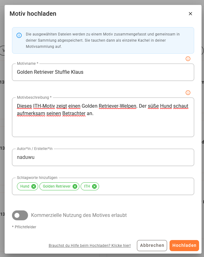 embroidery motif details with name, description, designer and tags