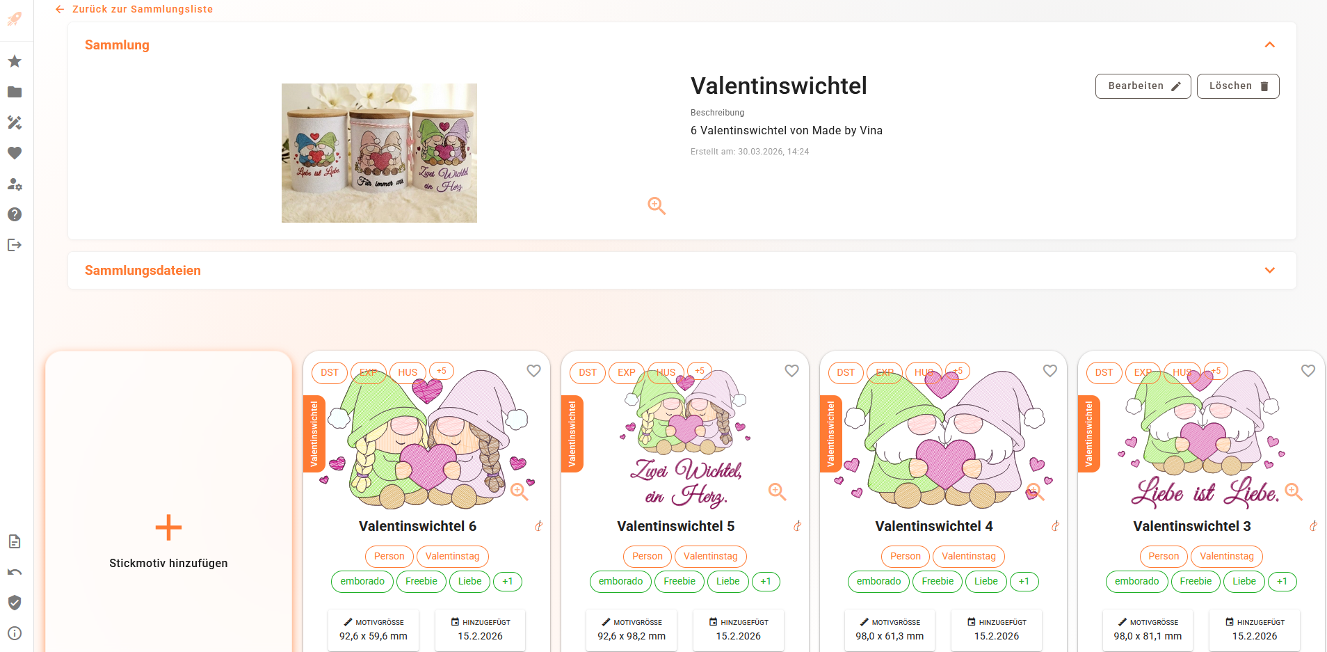 Angelegte Sammlung mit mehreren Stickmotiven in emborado