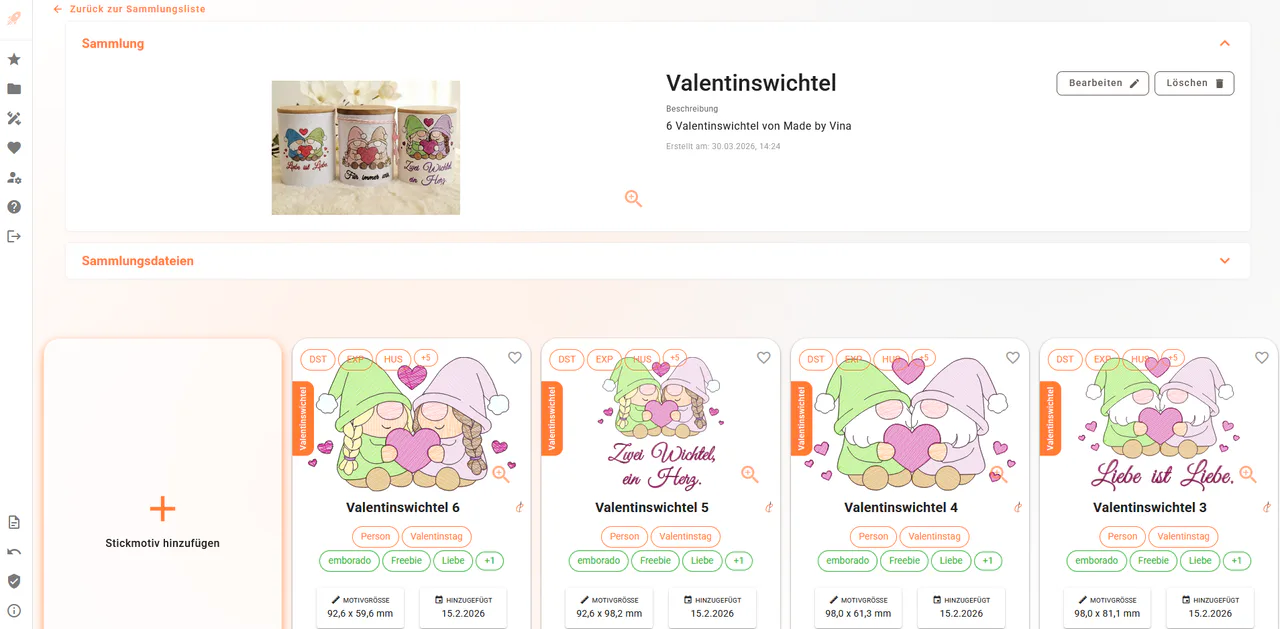 Angelegte Sammlung mit mehreren Stickmotiven in emborado