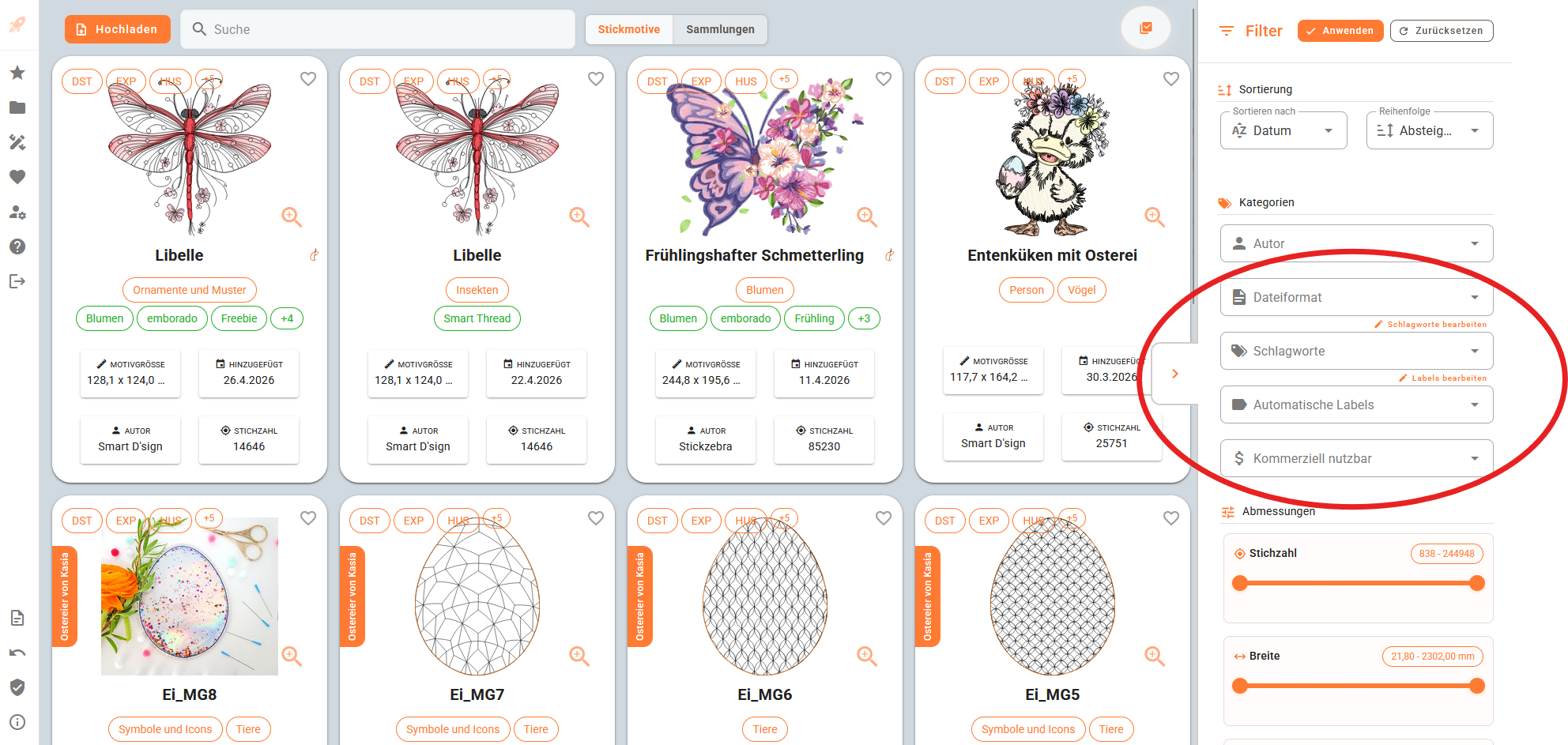 Schlagworte und Labels in der Filterleiste von emborado bearbeiten