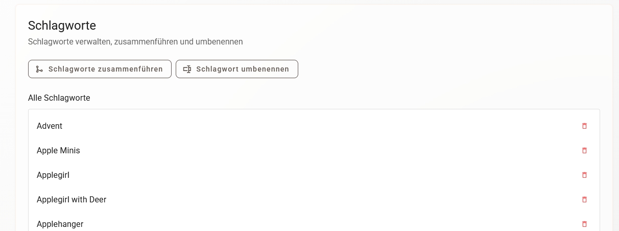 Übersicht zur Verwaltung von Schlagworten in emborado