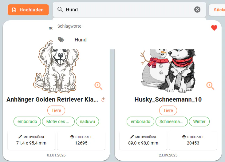 Bildplatzhalter: Suchvorschläge für Schlagworte und Designer mit aktivem Filter in emborado