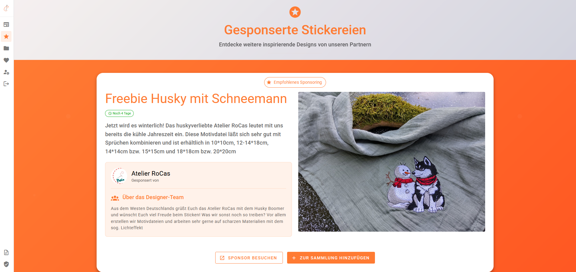 Gratis Stickdateien bei emborado – Winter-Freebie Husky mit Schneemann
