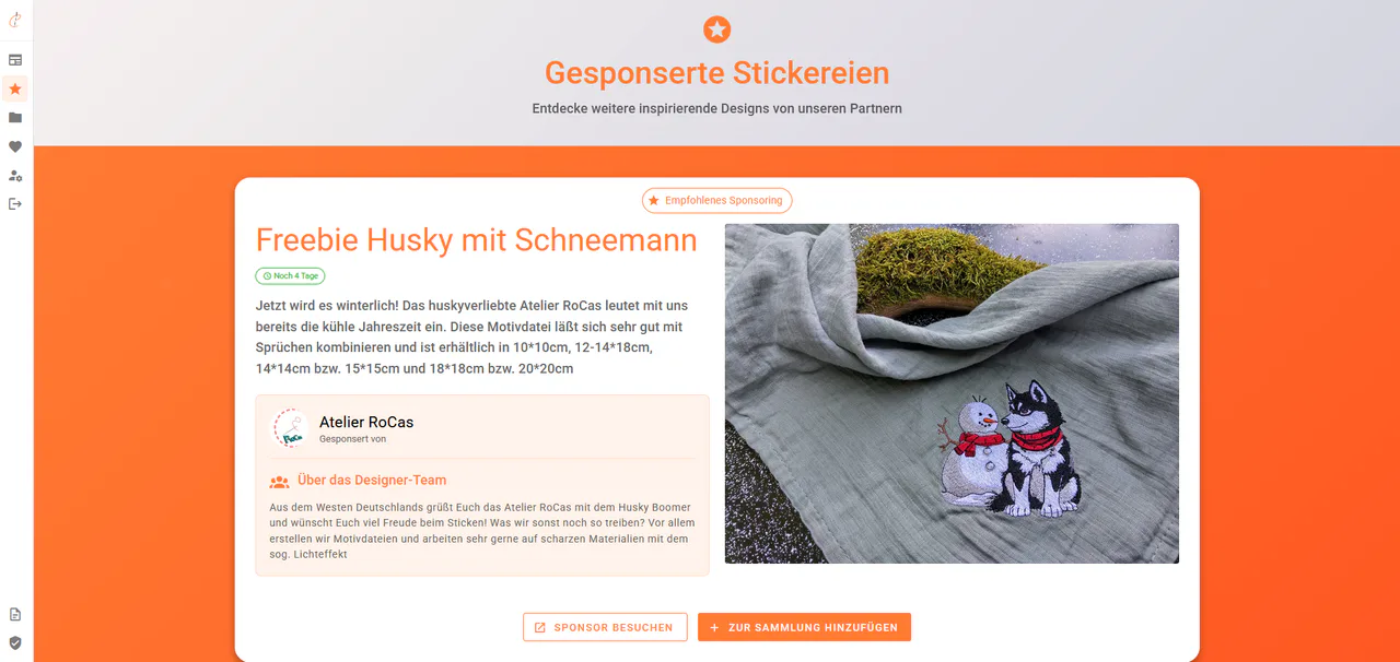 Gratis Stickdateien bei emborado – Winter-Freebie Husky mit Schneemann