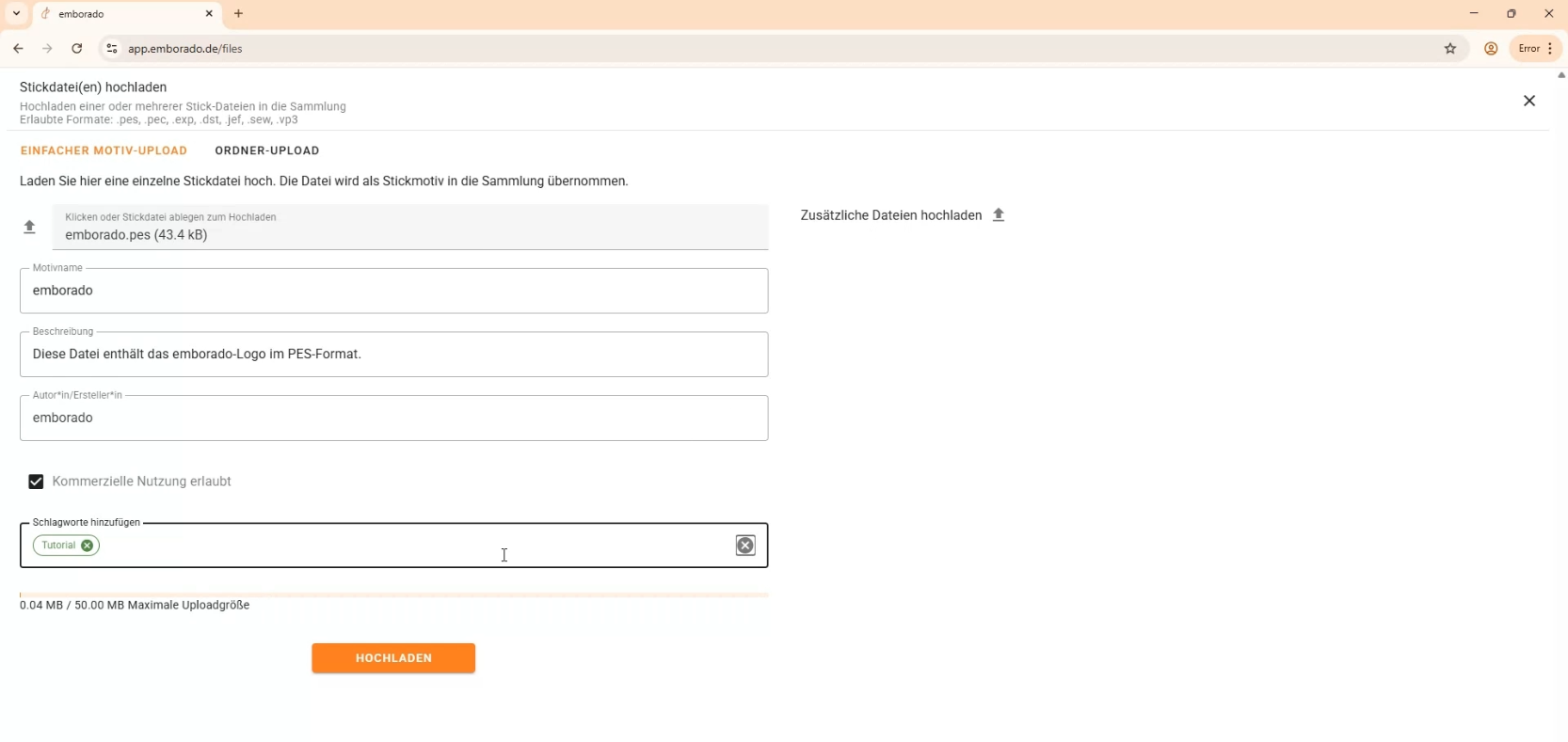 Screenshot Einzel-Upload emborado