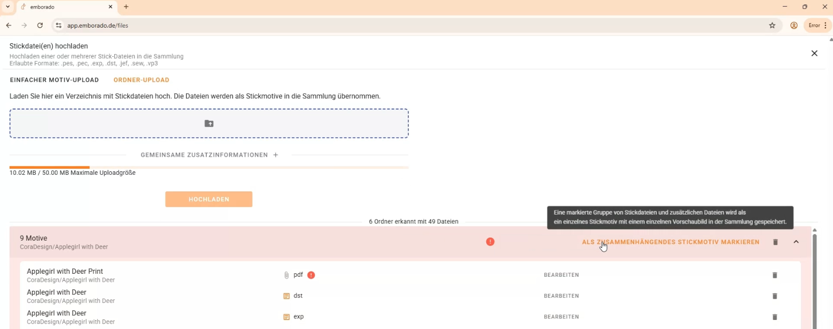 Screenshot Ordner-Upload emborado