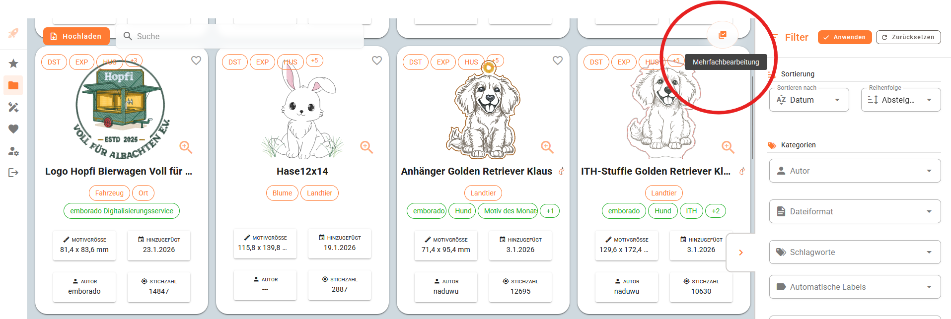 Bulk editing button in the emborado design overview