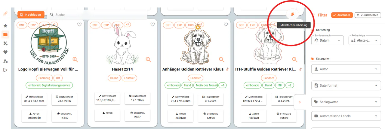 Bulk editing button in the emborado design overview