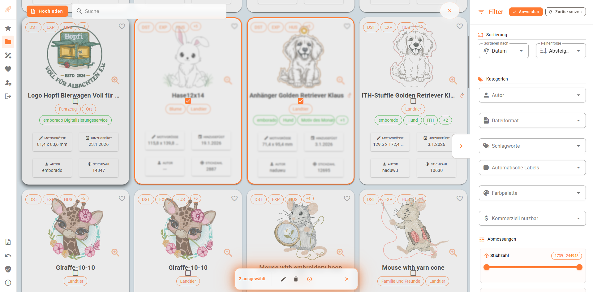Multiple selected embroidery designs in the emborado overview