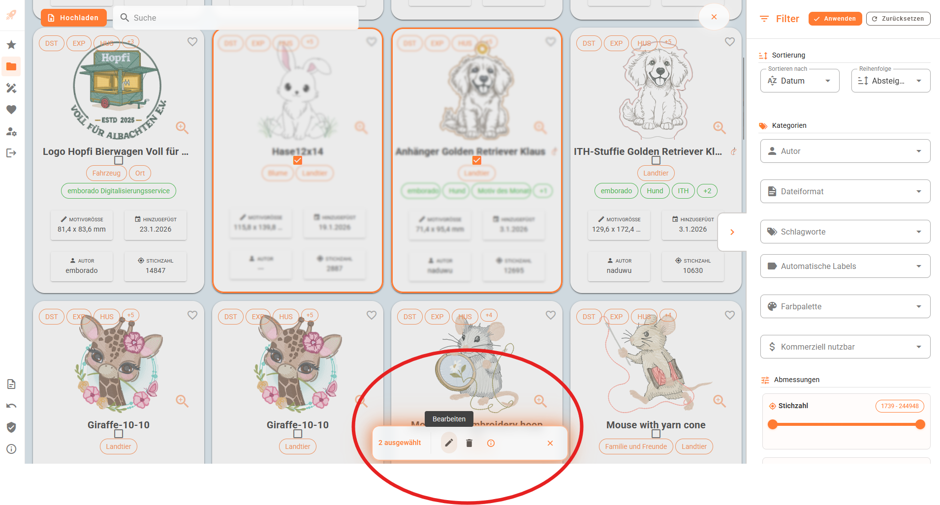 Action bar with edit and delete buttons in bulk selection mode