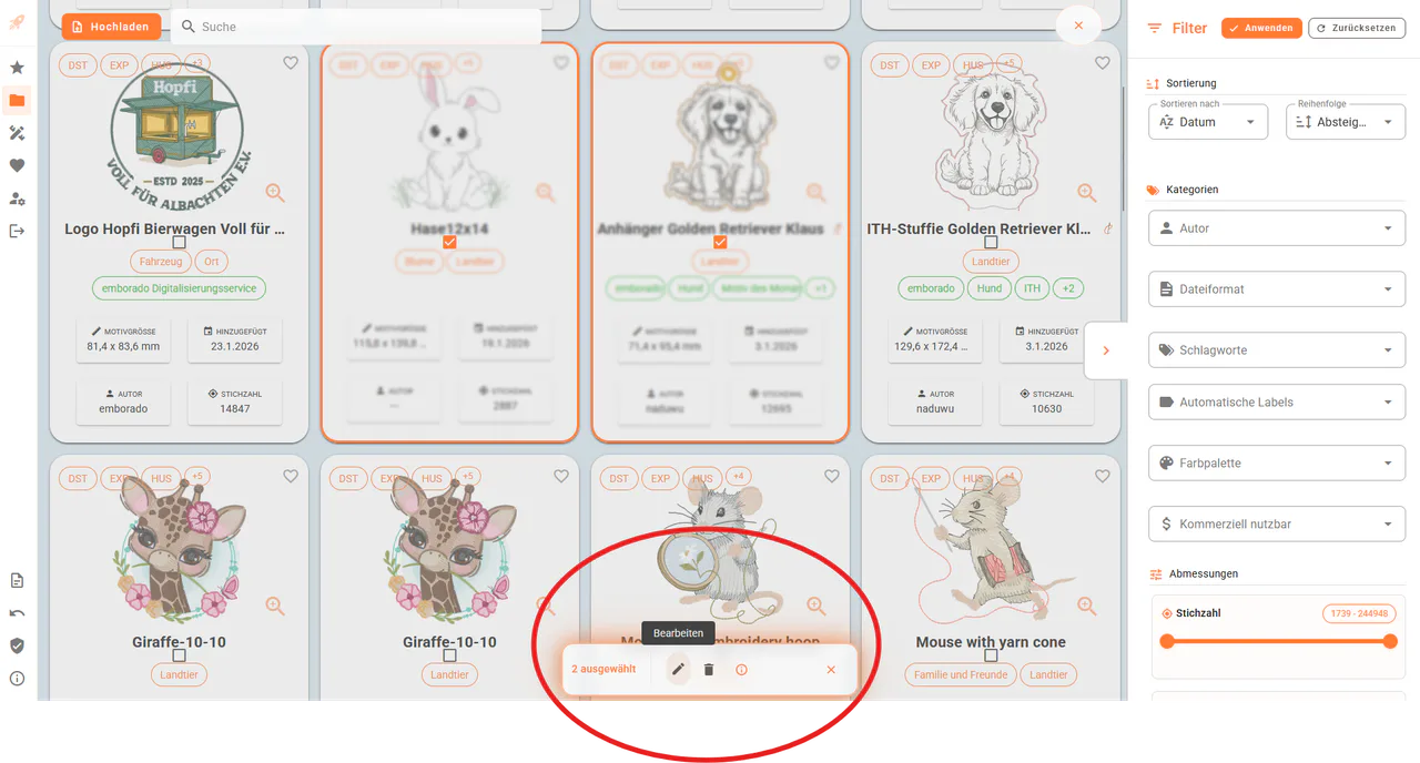 Action bar with edit and delete buttons in bulk selection mode