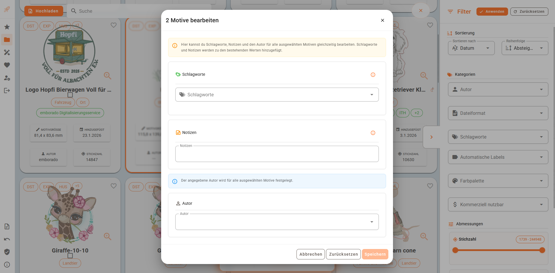 Bulk edit dialog for multiple designs in emborado