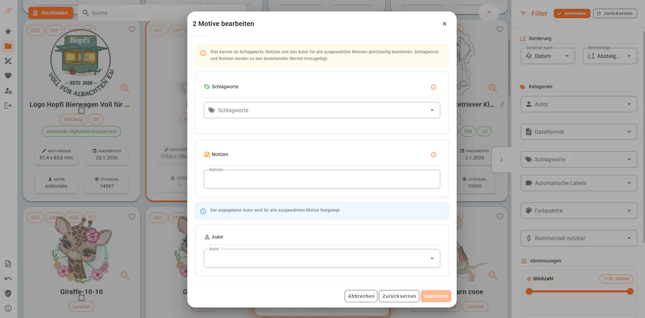 Bulk edit dialog for multiple designs in emborado