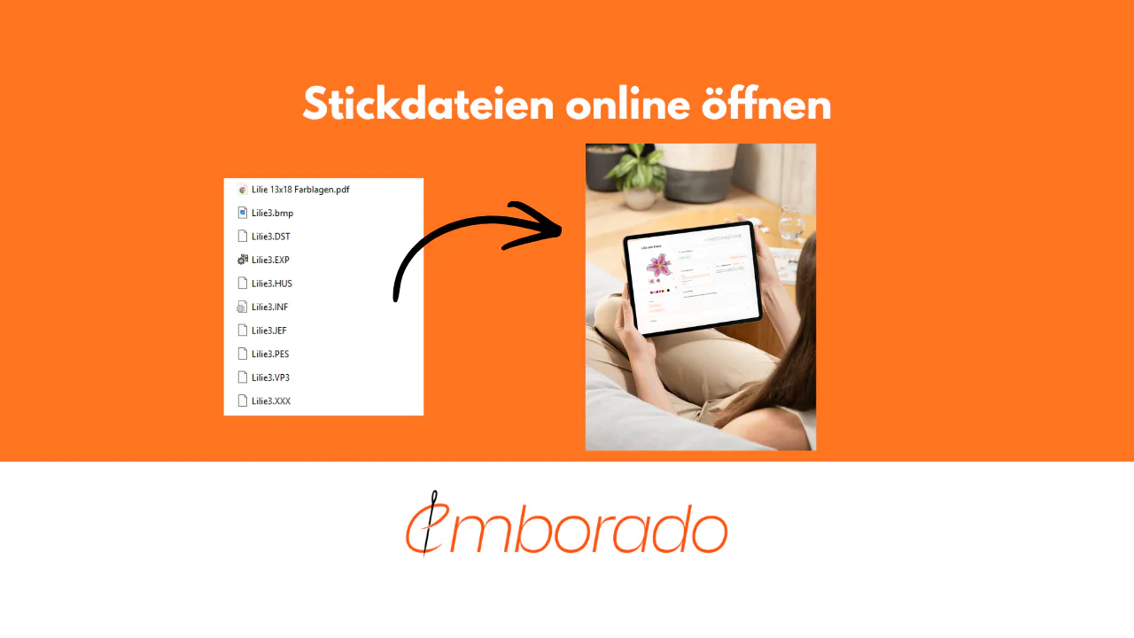 Ein Tablet zeigt die Vorschau eines Stickmotivs im Browser, daneben die ursprüngliche PES-Datei