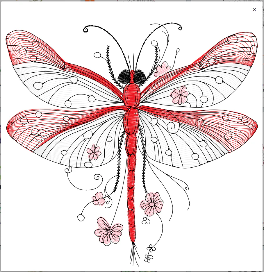 An embroidery file being uploaded in the browser and shown with preview, size and stitch count